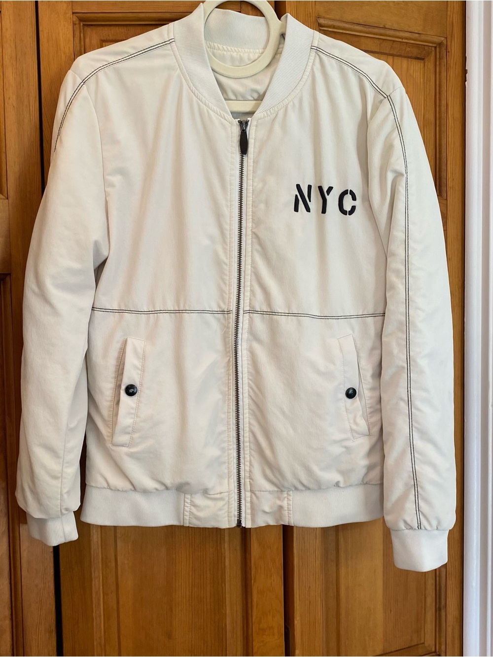 Source Unknown Cream Bomber Jacket with NYC Print